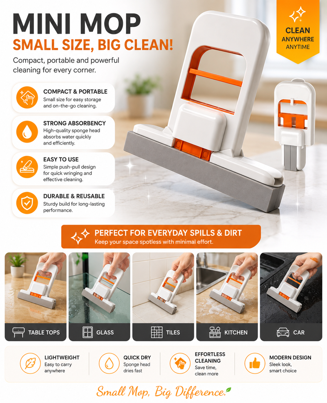 New One-Hand Press Mini Foldable Desktop Mop Self Wringing