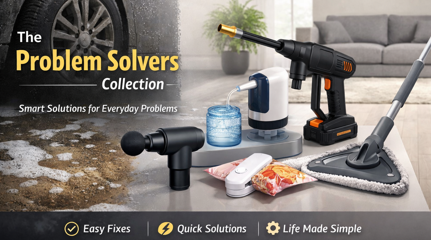 Collection of cleaning tools with text 'The Problem Solvers Collection' on a living room background.